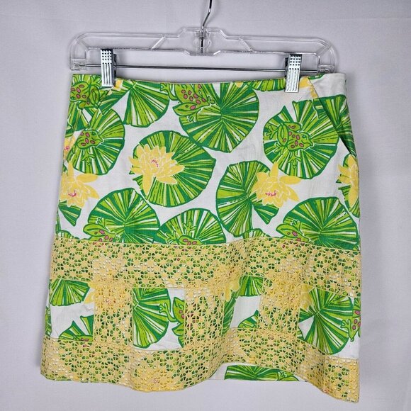 Lilly Pulitzer Hip Hop Hurray Green Yellow Lily Pads Frogs Skirt Yellow Lace - Picture 1 of 11